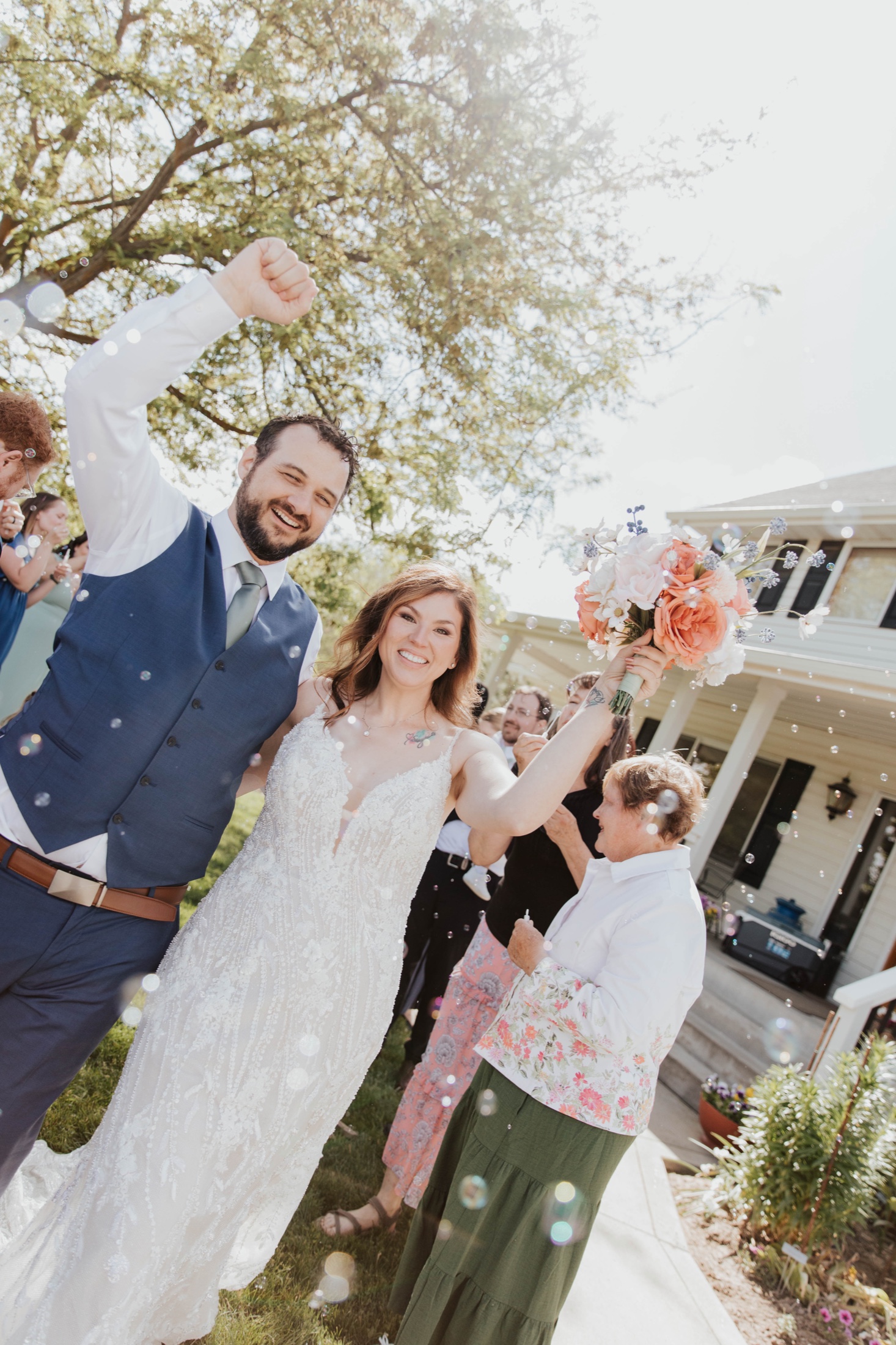 Bubble send-off, couple cheering